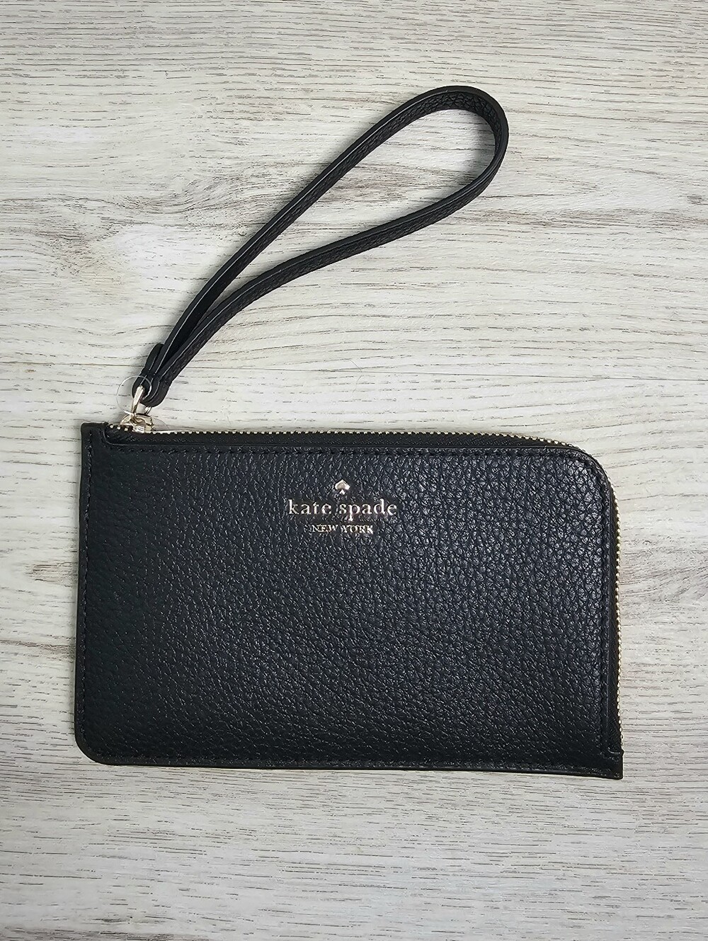 New Kate Spade Wristlet Zip Wallet Pebbled Leather In Black